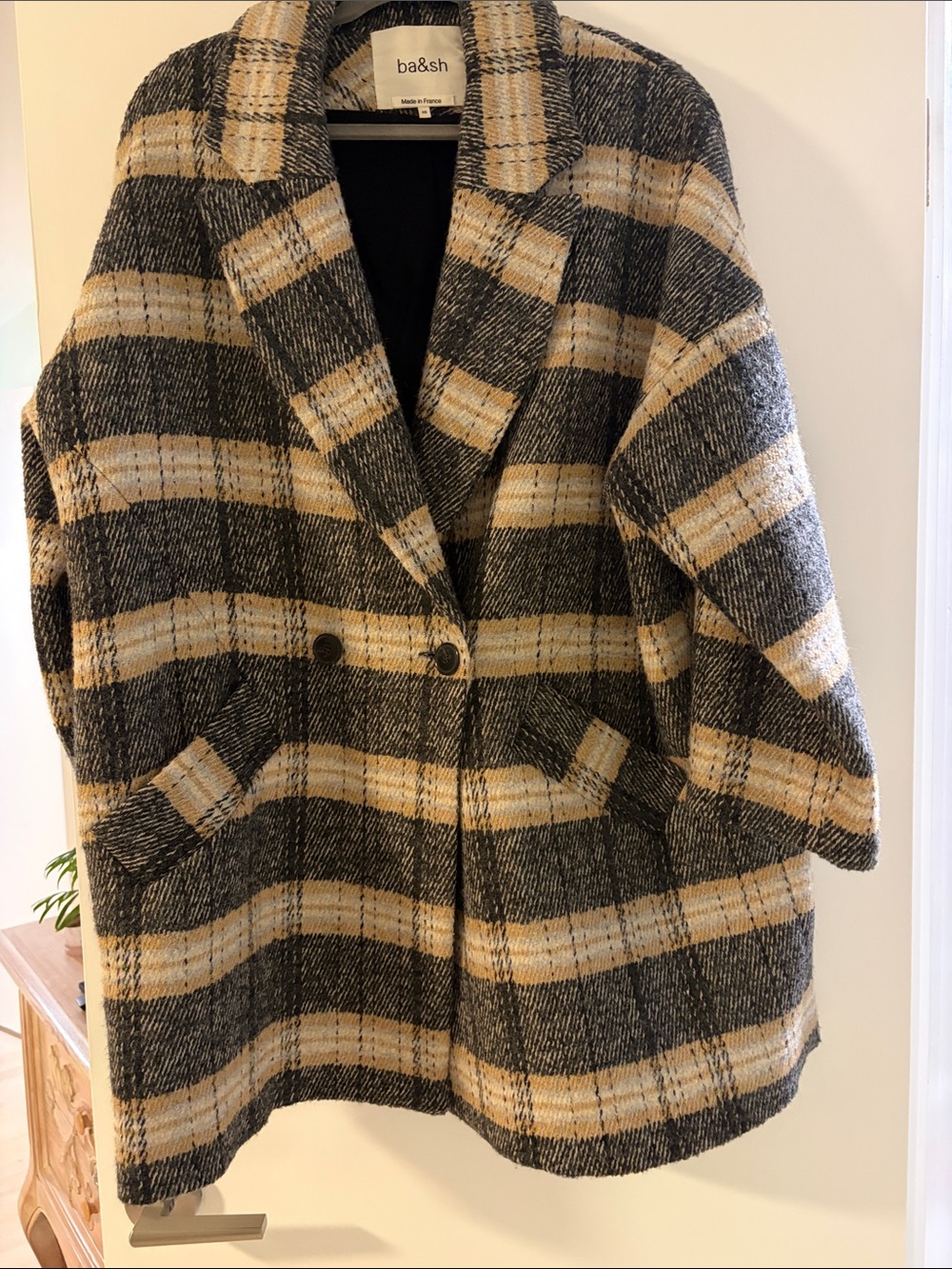 ba&sh Black, Cream & Yellow Plaid Wool-Blend Pea Coat